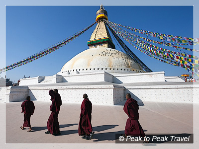monks at Boudhanath Stupa in Kathmandu